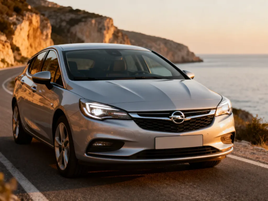 Srebrny Opel Astra zaparkowany na malowniczej nadmorskiej drodze podczas złotej godziny.