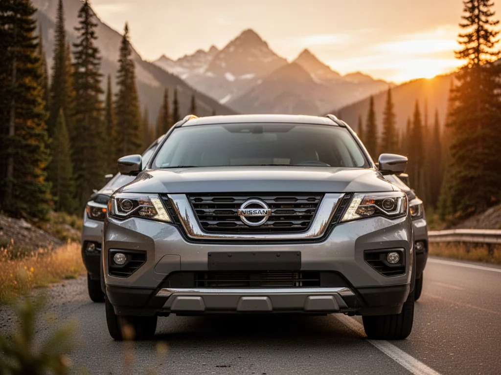 Srebrny Nissan Pathfinder zaparkowany na górskiej drodze w świetle zachodzącego słońca.