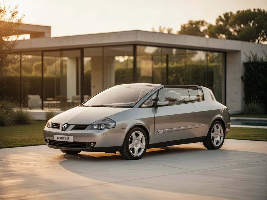 Renault Avantime zaparkowany na minimalistycznym podjeździe w świetle zachodzącego słońca, podkreślającym jego unikalny design.