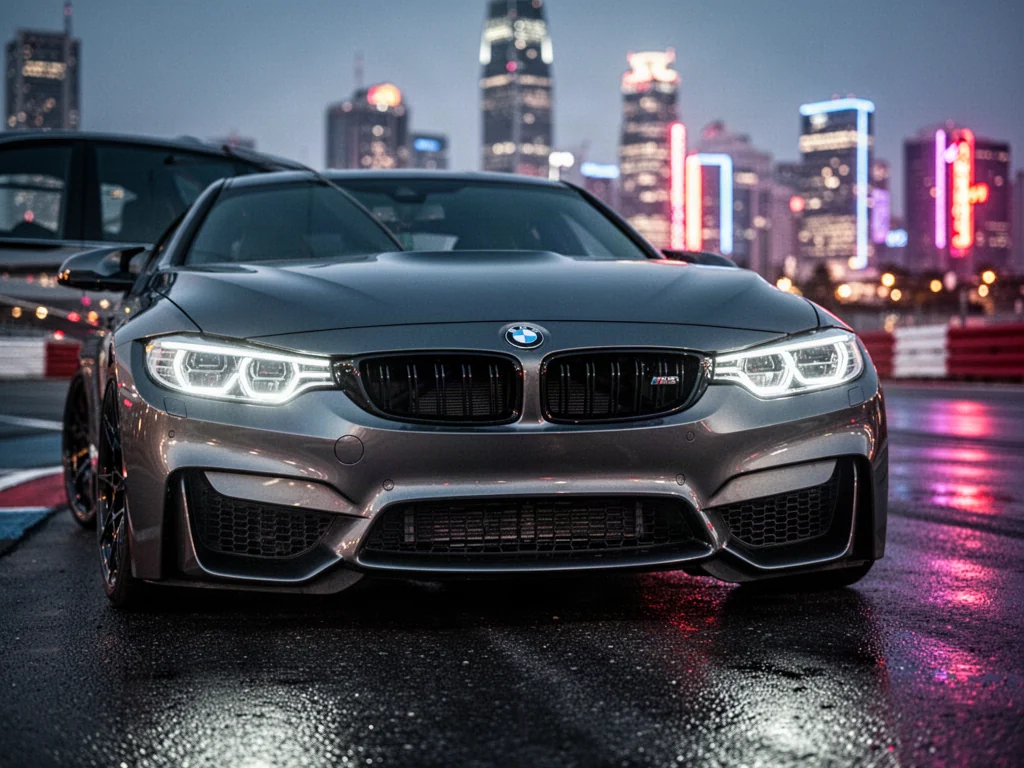 Szary BMW M3 na mokrym torze o zmierzchu, z wyeksponowanym agresywnym grillem i światłami LED na tle miejskich świateł.