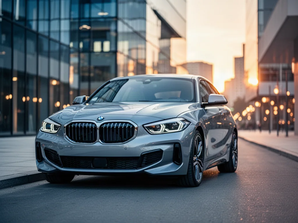 Srebrne BMW serii 1 zaparkowane na nowoczesnej ulicy w świetle zachodzącego słońca. Widok na przód samochodu.