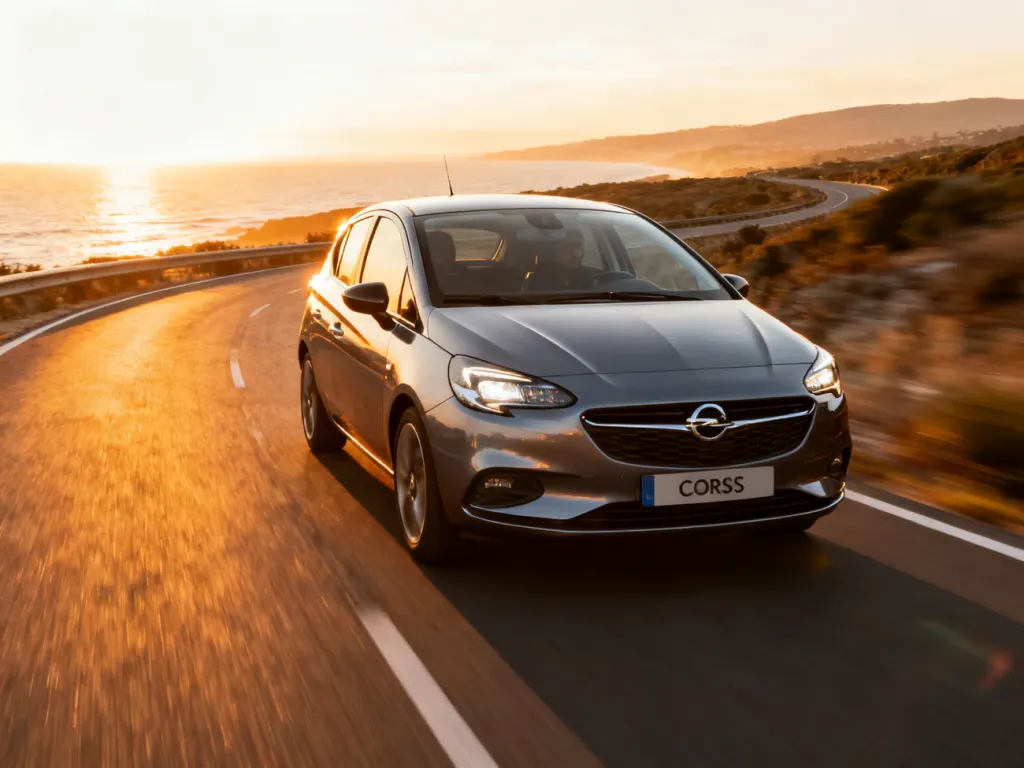 Nowoczesny Opel Corsa E jadący krętą drogą nadmorską w blasku zachodzącego słońca.