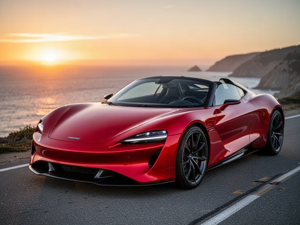 Czerwony elektryczny roadster MG Cyberster zaparkowany na nadmorskim klifie podczas zachodu słońca.