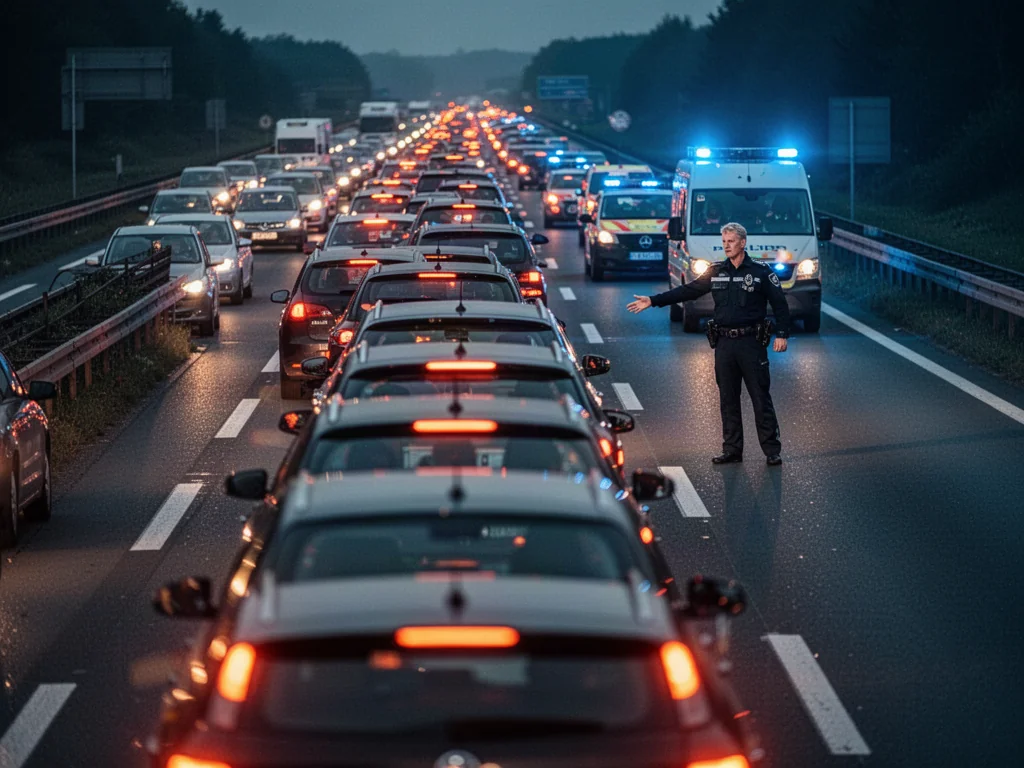 Policjant kieruje ruchem na autostradzie A1 podczas wieczornego zatoru spowodowanego wypadkiem.