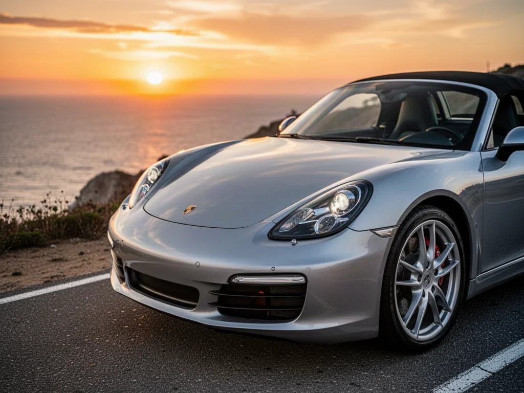 Srebrne Porsche Boxster zaparkowane na nadmorskiej trasie podczas zachodu słońca, podkreślające sportową sylwetkę auta.