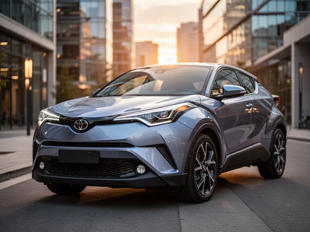 Nowoczesna Toyota C-HR o aerodynamicznej sylwetce zaparkowana na tle miejskiej architektury w świetle zachodzącego słońca.