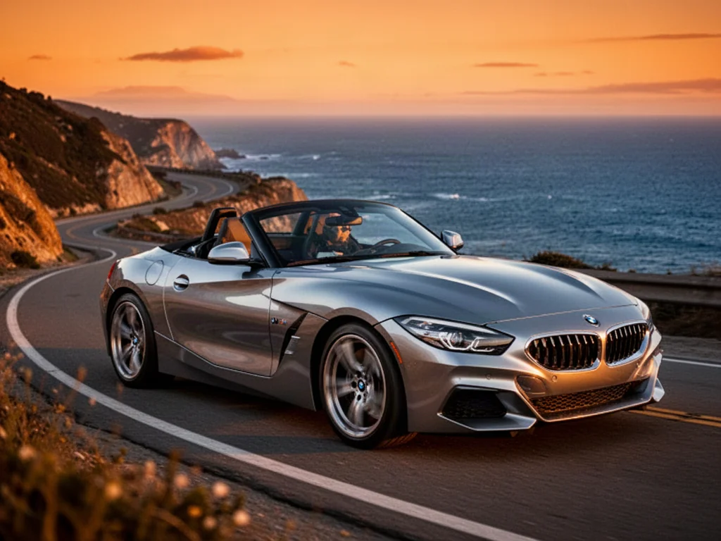 Srebrny BMW Z4 zaparkowany na krętej nadmorskiej drodze podczas zachodu słońca, podkreślający aerodynamiczną sylwetkę auta.