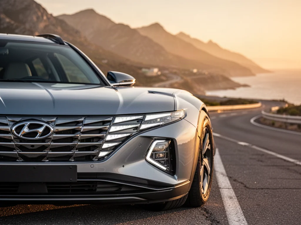 Srebrny Hyundai Tucson zaparkowany na malowniczej nadmorskiej trasie podczas złotej godziny.
