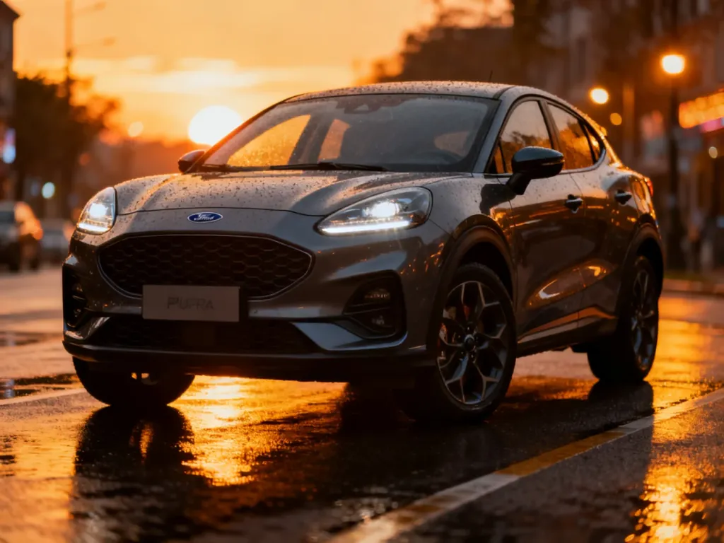 Nowoczesny Ford Puma zaparkowany na mokrym asfalcie w świetle zachodzącego słońca, podkreślającym jego dynamiczny design.
