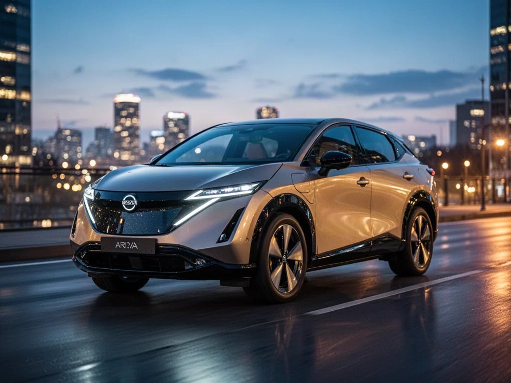 Nowoczesny elektryczny SUV Nissan Ariya zaparkowany na oświetlonej miejskiej ulicy o zmierzchu.