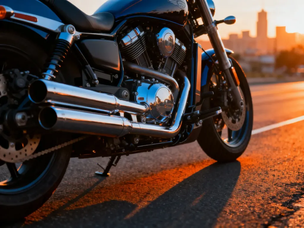 Nowoczesny motocykl typu cruiser QJMotor SRV 125 zaparkowany na miejskiej drodze w świetle zachodzącego słońca.