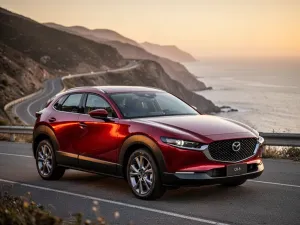 Srebrny Nissan Qashqai III zaparkowany na malowniczej nadmorskiej drodze podczas zachodu słońca.