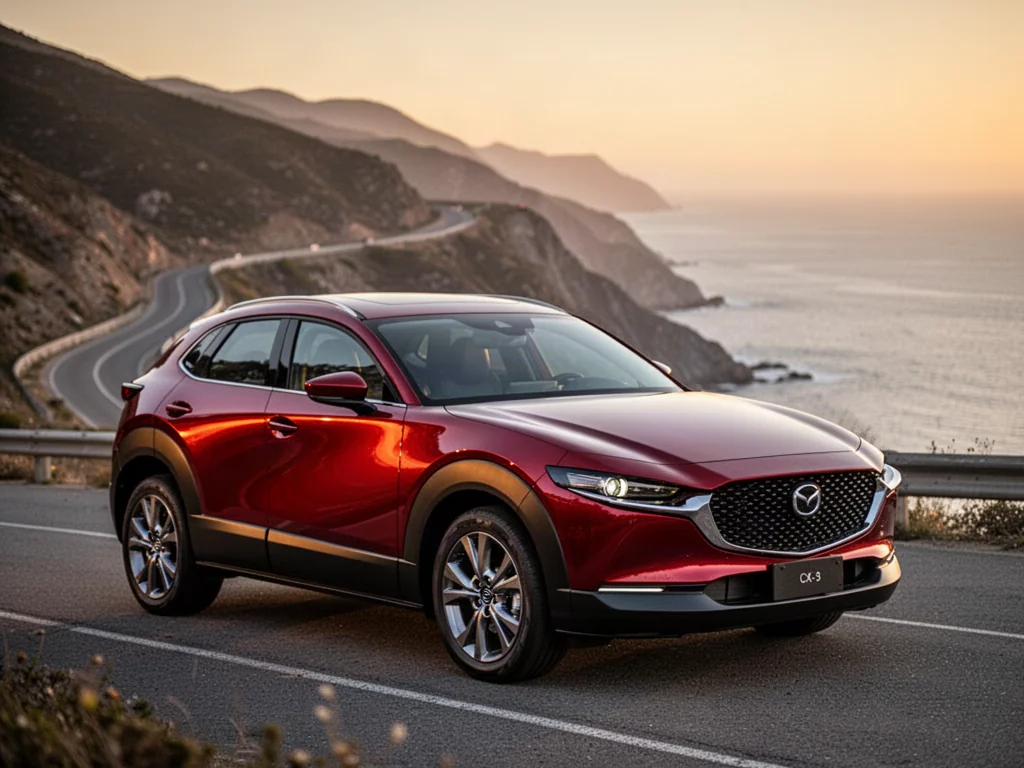 Czerwona Mazda CX-30 zaparkowana na malowniczej nadmorskiej drodze podczas zachodu słońca.