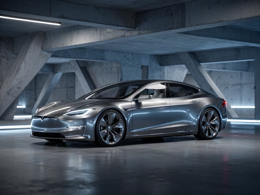Futurystyczny elektryczny sedan Xiaomi zaparkowany w nowoczesnym garażu z niebieskim oświetleniem ambientowym.