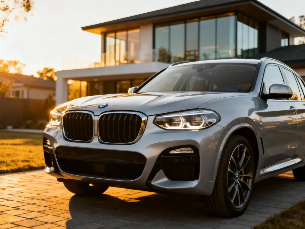 Srebrne BMW X3 G01 zaparkowane na podjeździe nowoczesnego domu w świetle zachodzącego słońca.