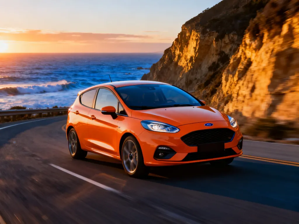 Nowoczesny Ford Fiesta jadący nadmorską drogą podczas zachodu słońca.