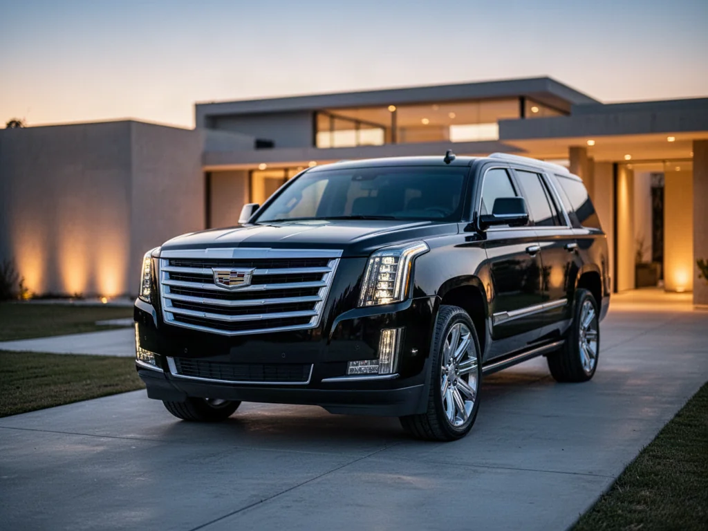 Czarny Cadillac Escalade zaparkowany na nowoczesnym podjeździe o zachodzie słońca, podkreślający luksusowy charakter auta.