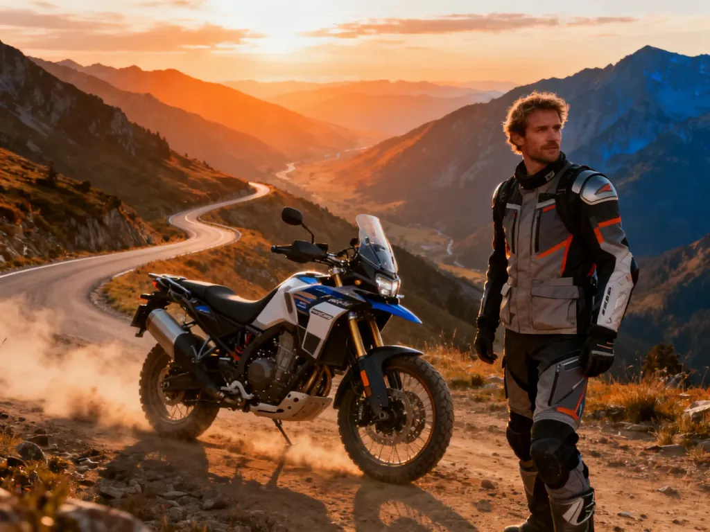 Motocyklista w pełnym stroju ochronnym stoi przy motocyklu Romet ADV 125 na tle malowniczej górskiej trasy o zachodzie słońca.