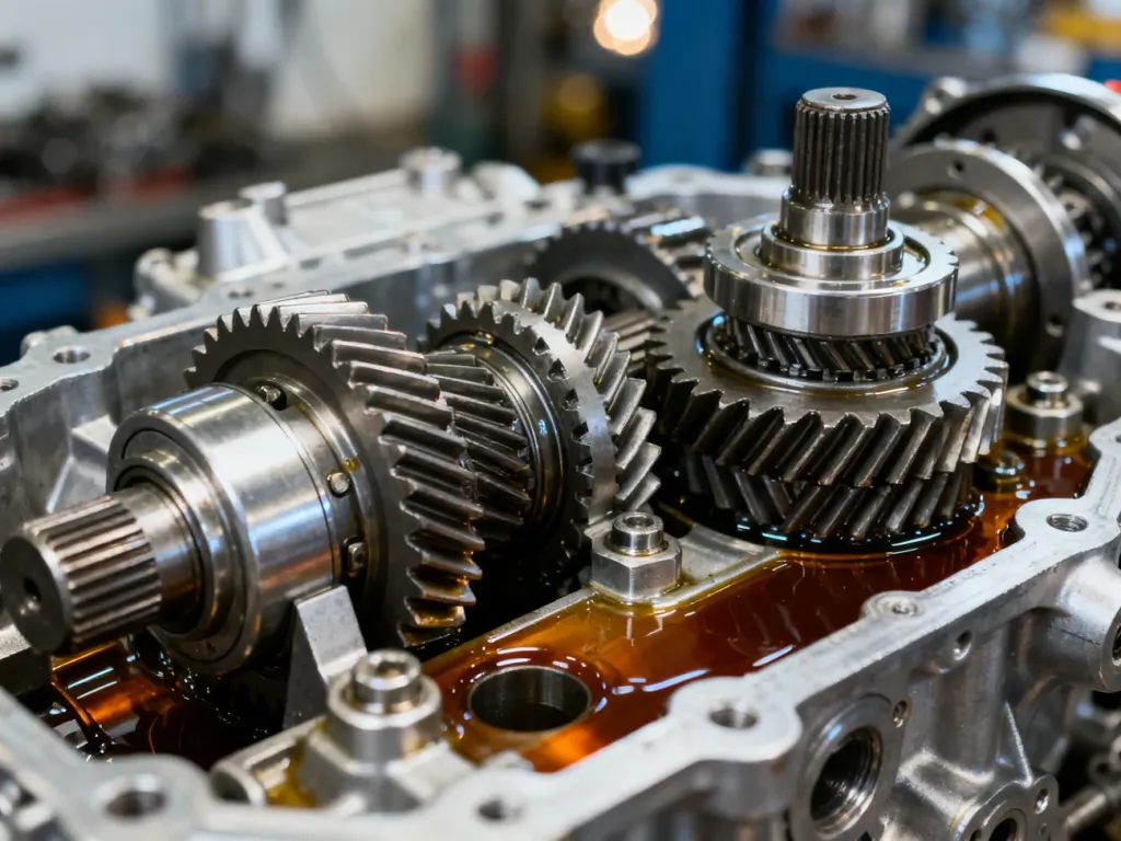 Wnętrze automatycznej skrzyni biegów Aisin z widocznymi metalowymi przekładniami i układem hydraulicznym.