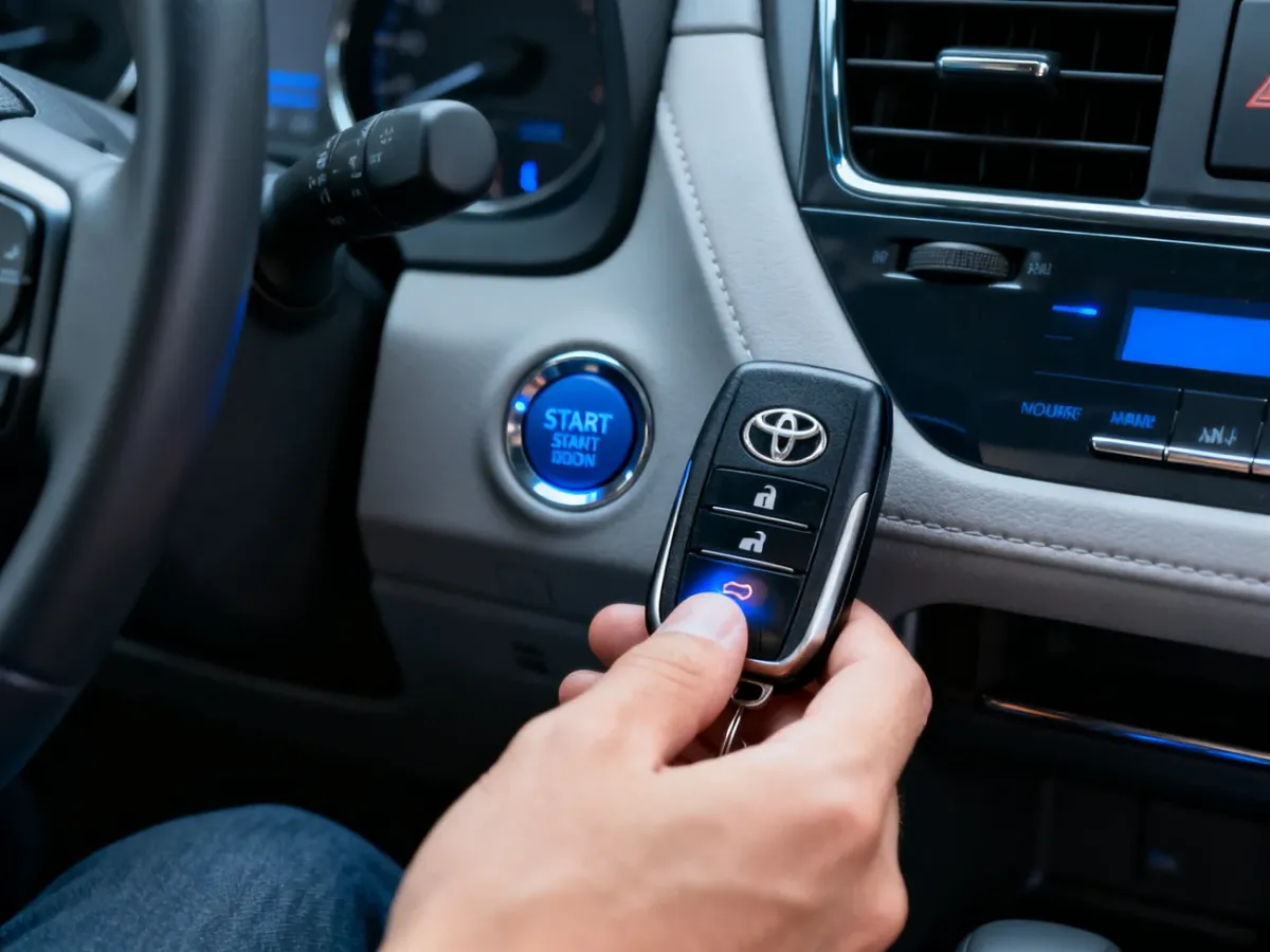 Pilot Toyoty przy przycisku START-STOP podczas awaryjnego rozpoznawania kluczyka