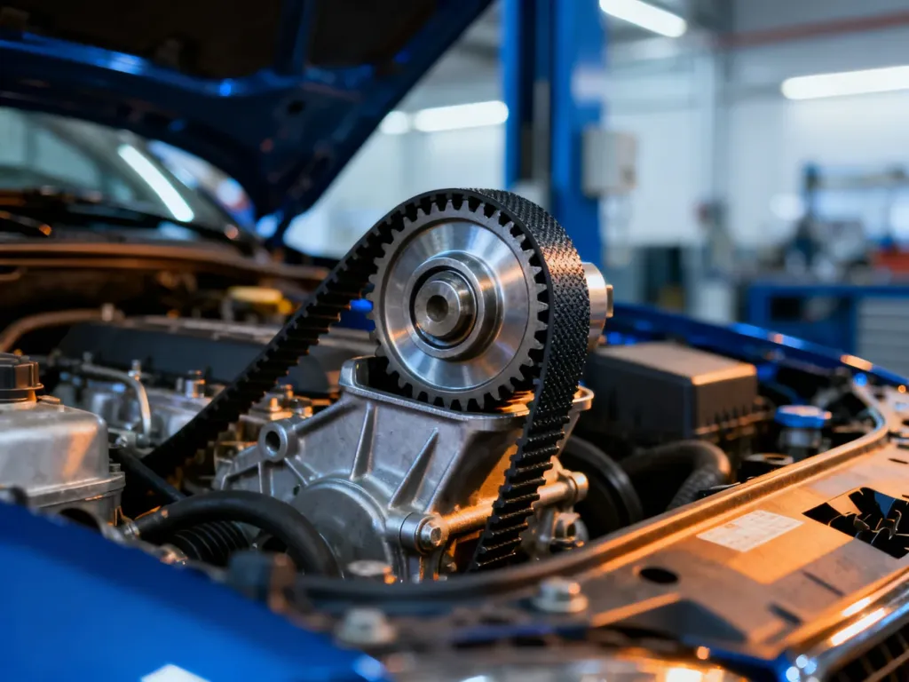 Nowy pasek rozrządu i metalowe koło pasowe w otwartej komorze silnika 1.6 MPI.