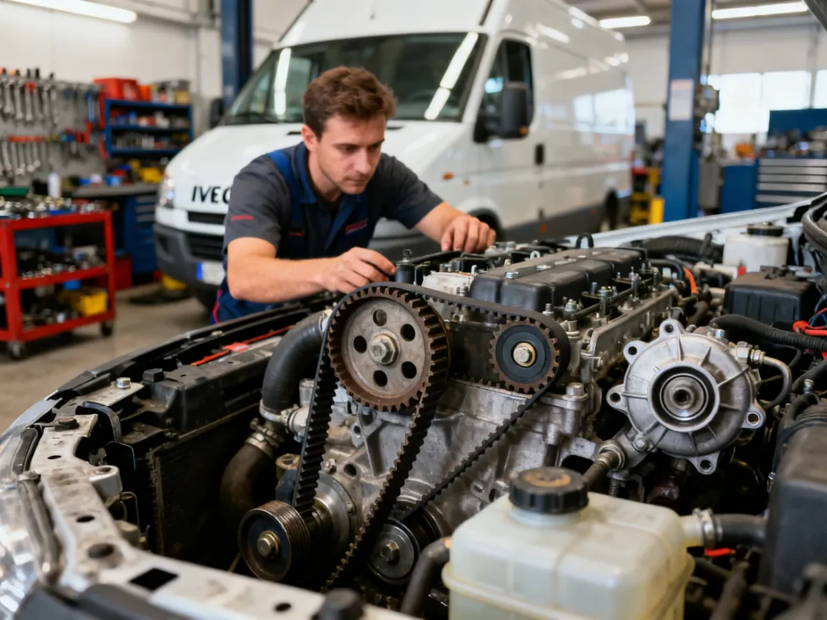 Mechanik sprawdzający układ rozrządu w silniku Iveco Daily 2.3