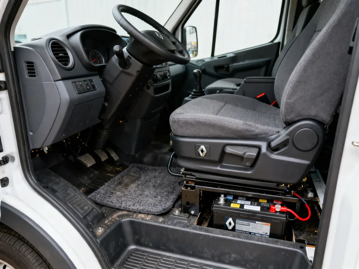 Akumulator 12 V ukryty pod wykładziną kabiny Renault Master