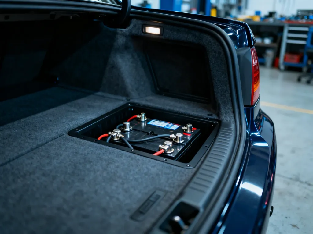 Otwarty bagażnik BMW E90 z widocznym akumulatorem umieszczonym pod podłogą w specjalnej wnęce.