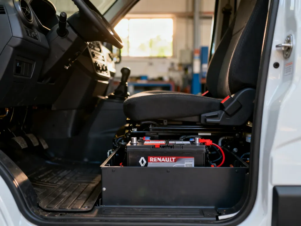 Otwarta komora silnika Renault Master z widocznym miejscem montażu akumulatora pod podłogą przy fotelu kierowcy.