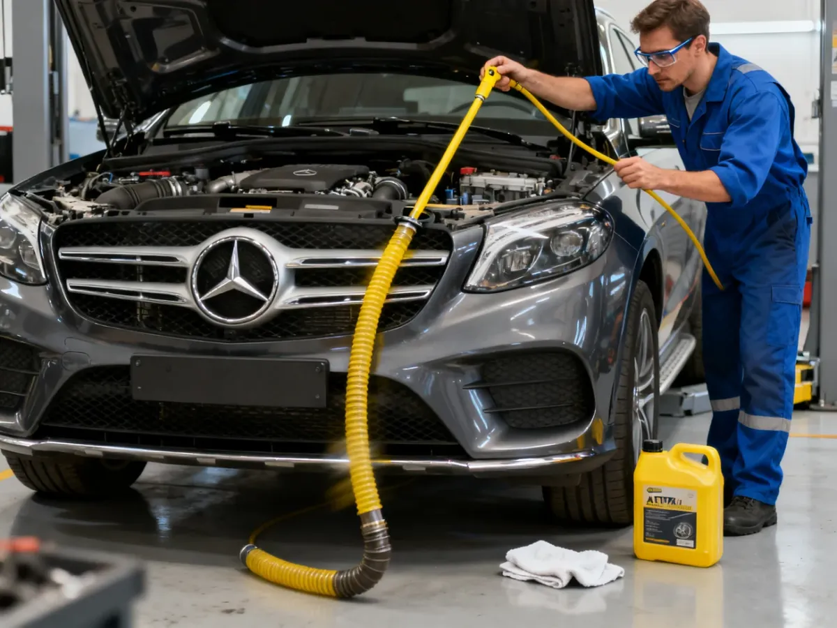 Mechanik sprawdzający poziom oleju w automatycznej skrzyni biegów Mercedesa za pomocą bagnetu serwisowego