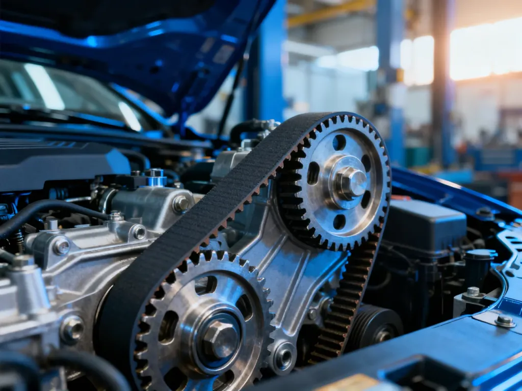 Zbliżenie na precyzyjny mechanizm rozrządu w nowoczesnym silniku samochodowym z widocznym paskiem i kołami zębatymi.
