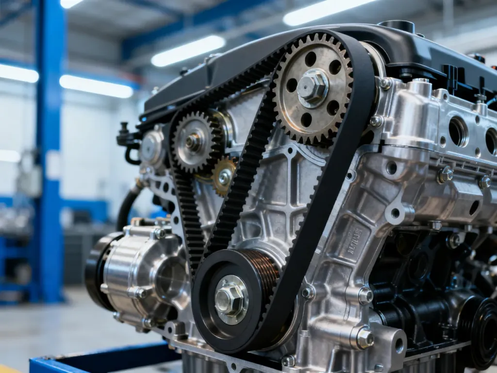 Zbliżenie na pasek rozrządu i elementy mechaniczne silnika 1.0 TSI w profesjonalnym warsztacie samochodowym.
