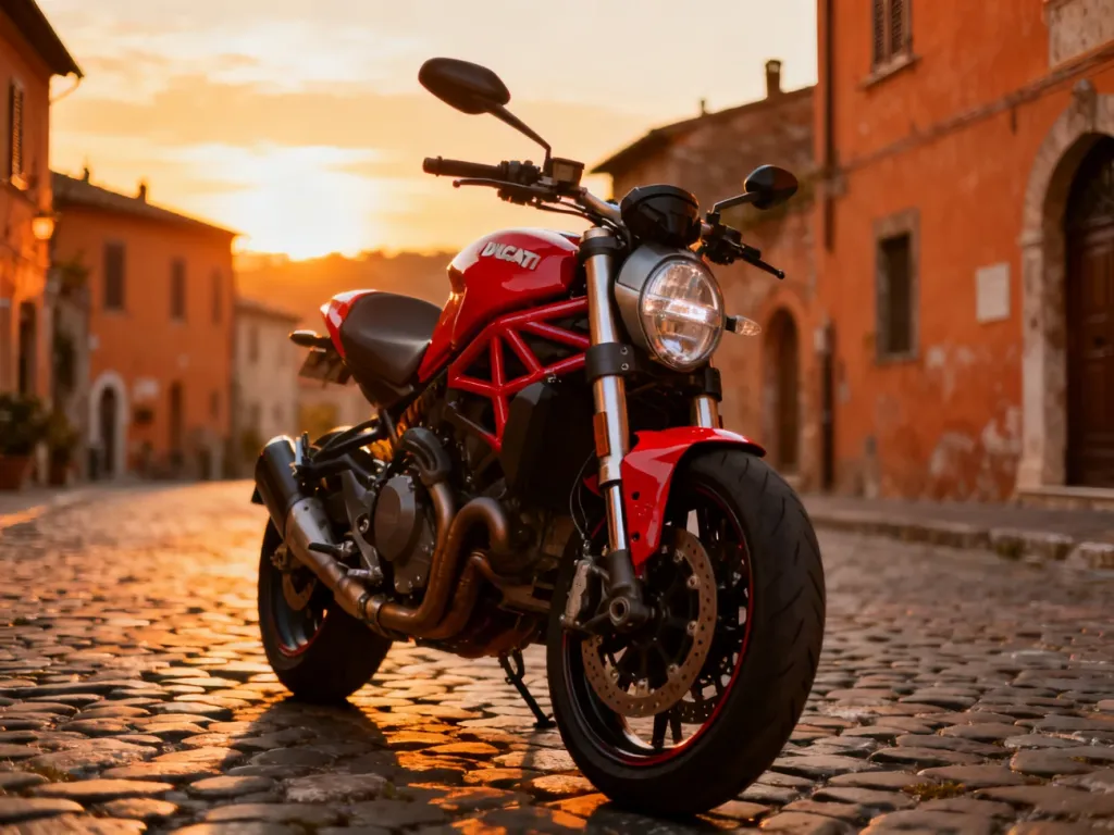 Czerwony Ducati Monster zaparkowany na brukowanej uliczce włoskiego miasteczka w świetle zachodzącego słońca.