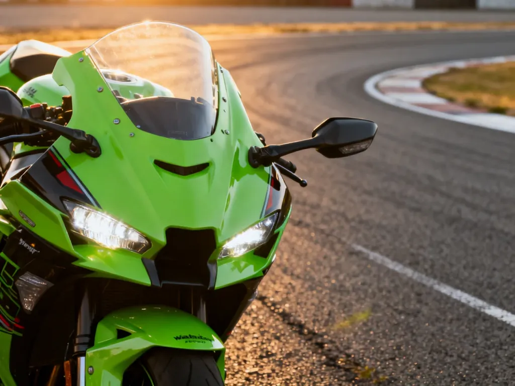 Limonkowe Kawasaki Ninja 400 zaparkowane na torze wyścigowym w blasku zachodzącego słońca.