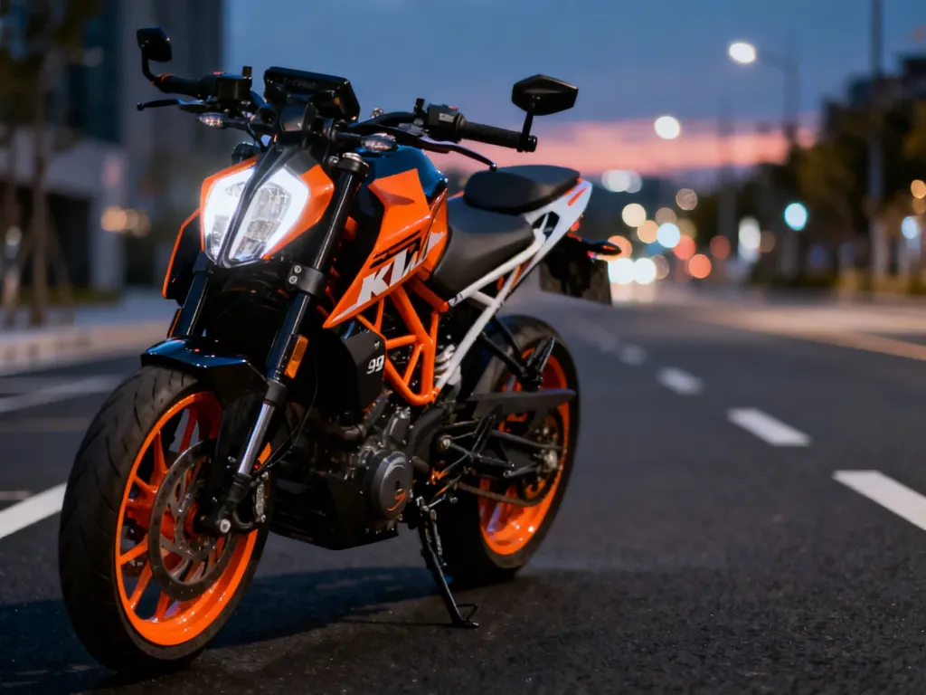 Agresywny KTM Duke 390 z charakterystyczną pomarańczową ramą zaparkowany na tle rozmytych świateł miejskich o zmierzchu.