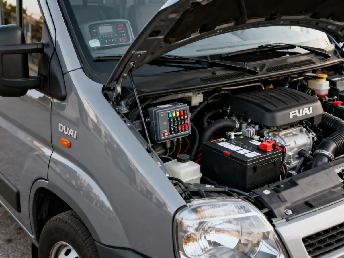 Fiat Ducato z otwartą komorą silnika i widoczną skrzynką bezpieczników