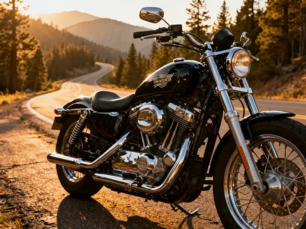 Klasyczny motocykl Harley-Davidson Sportster z lśniącym chromowanym silnikiem zaparkowany na malowniczej górskiej drodze.