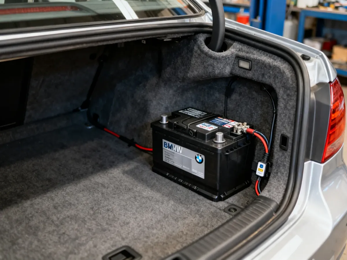 Akumulator BMW E90 umieszczony pod podłogą bagażnika po prawej stronie