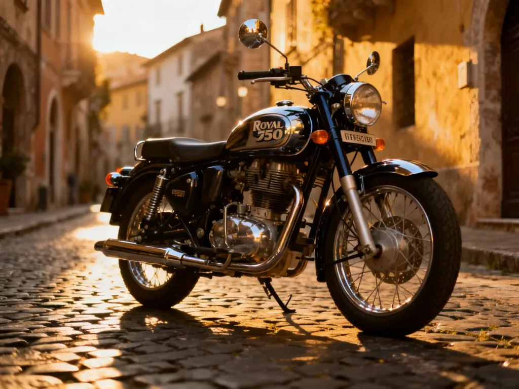 Royal Enfield Classic 350 zaparkowany na brukowanej uliczce w historycznym europejskim miasteczku w świetle zachodzącego słońca.