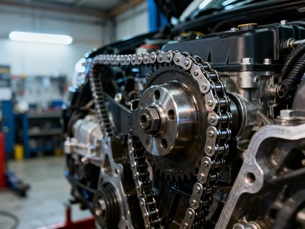 Zbliżenie na metalowy łańcuch rozrządu wewnątrz silnika BMW N47, ukazujące precyzyjne detale mechaniczne.