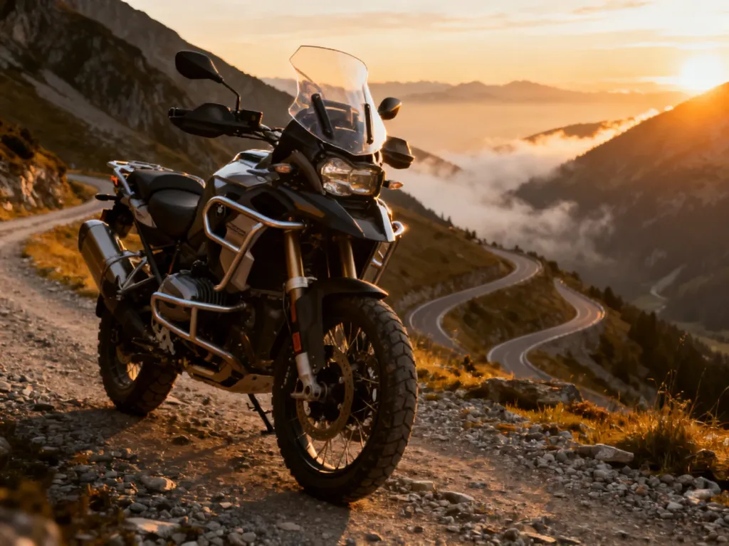 Motocykl BMW R1250GS zaparkowany na górskiej drodze podczas zachodu słońca, podkreślający jego przygodowy charakter.