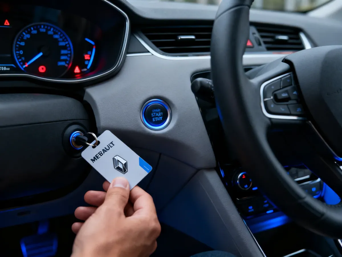 Karta Renault wsunięta do czytnika w kabinie Megane podczas próby uruchomienia samochodu