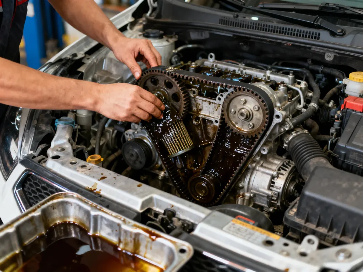 Mechanik kontrolujący mokry pasek rozrządu i czyszczący smok pompy oleju w silniku