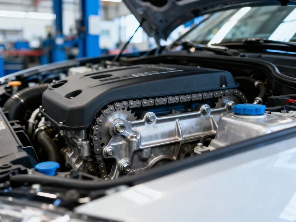 Zbliżenie na blok silnika Toyota 1.33 Dual VVT-i z widoczną pokrywą rozrządu w profesjonalnym warsztacie.