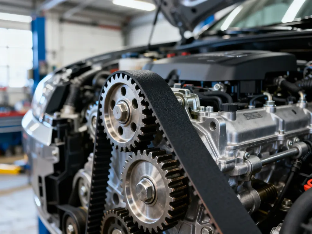 Zbliżenie na pasek rozrządu i koła zębate w nowoczesnym silniku samochodowym 1.6 TDI.