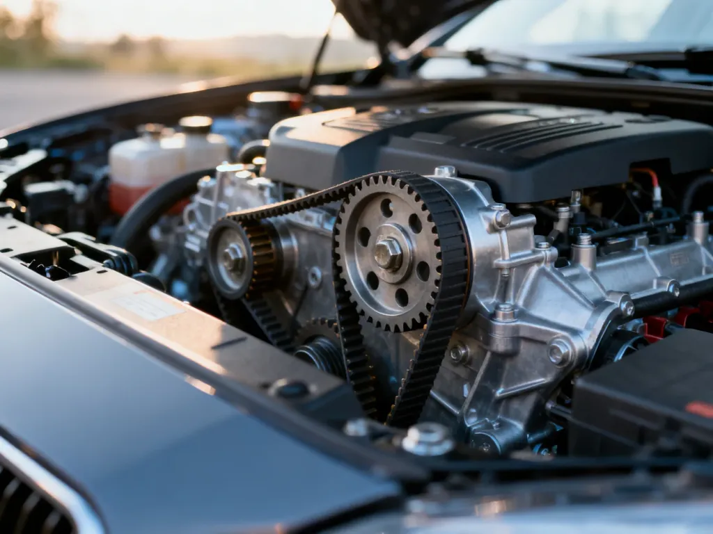 Zbliżenie na elementy układu rozrządu w nowoczesnym silniku samochodowym, ukazujące precyzyjne części mechaniczne.