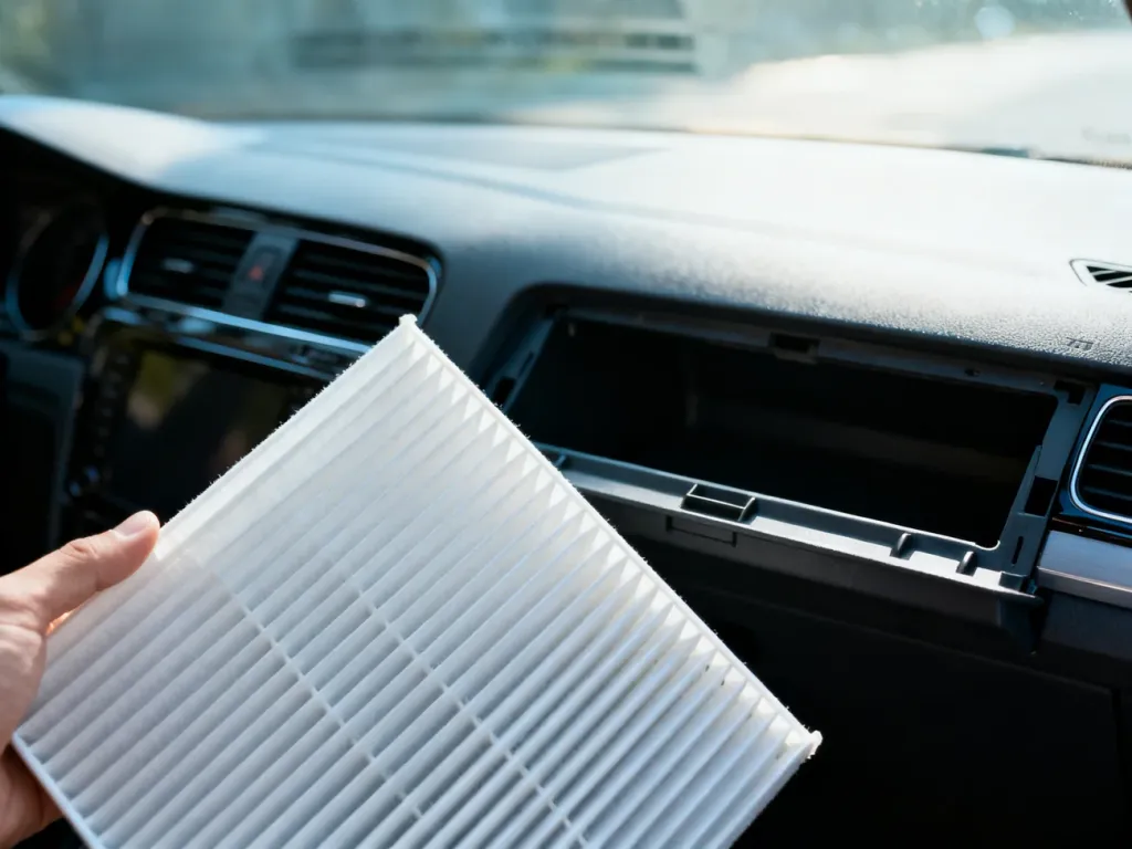 Otwarty schowek w VW Golf 7 z widoczną wnęką na filtr kabinowy oraz nowym wkładem przygotowanym do montażu.