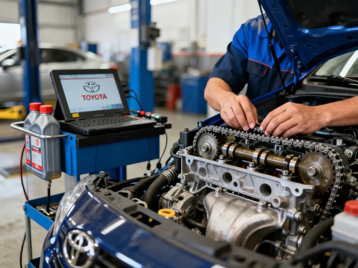 Mechanik kontrolujący łańcuch rozrządu w silniku samochodowym