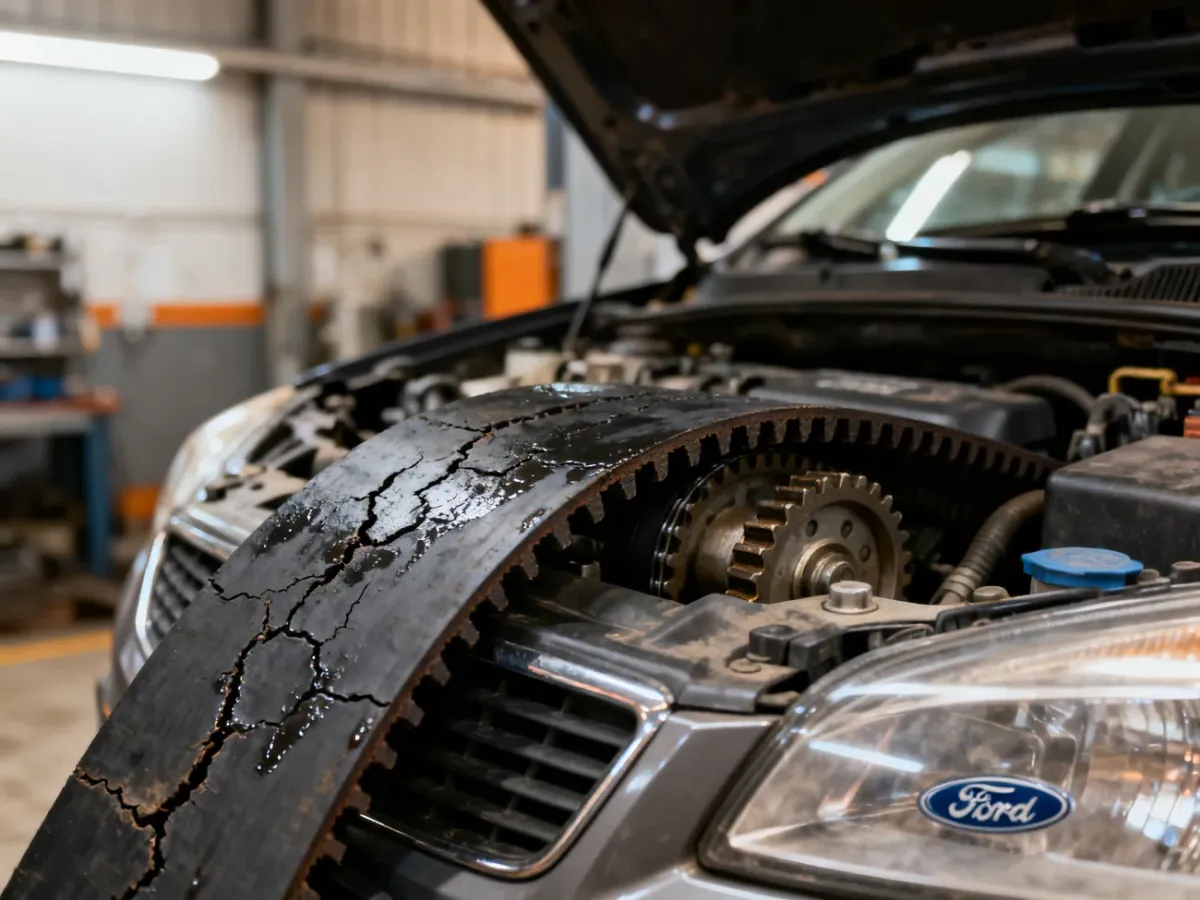 Zużyty i popękany mokry pasek rozrządu silnika Ford EcoBoost w warsztacie